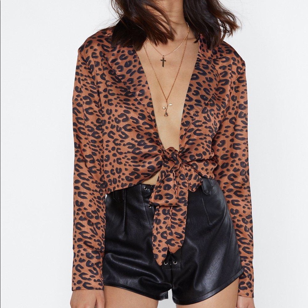 Nasty Gal Brown Leopard Print Tie-Front Blouse